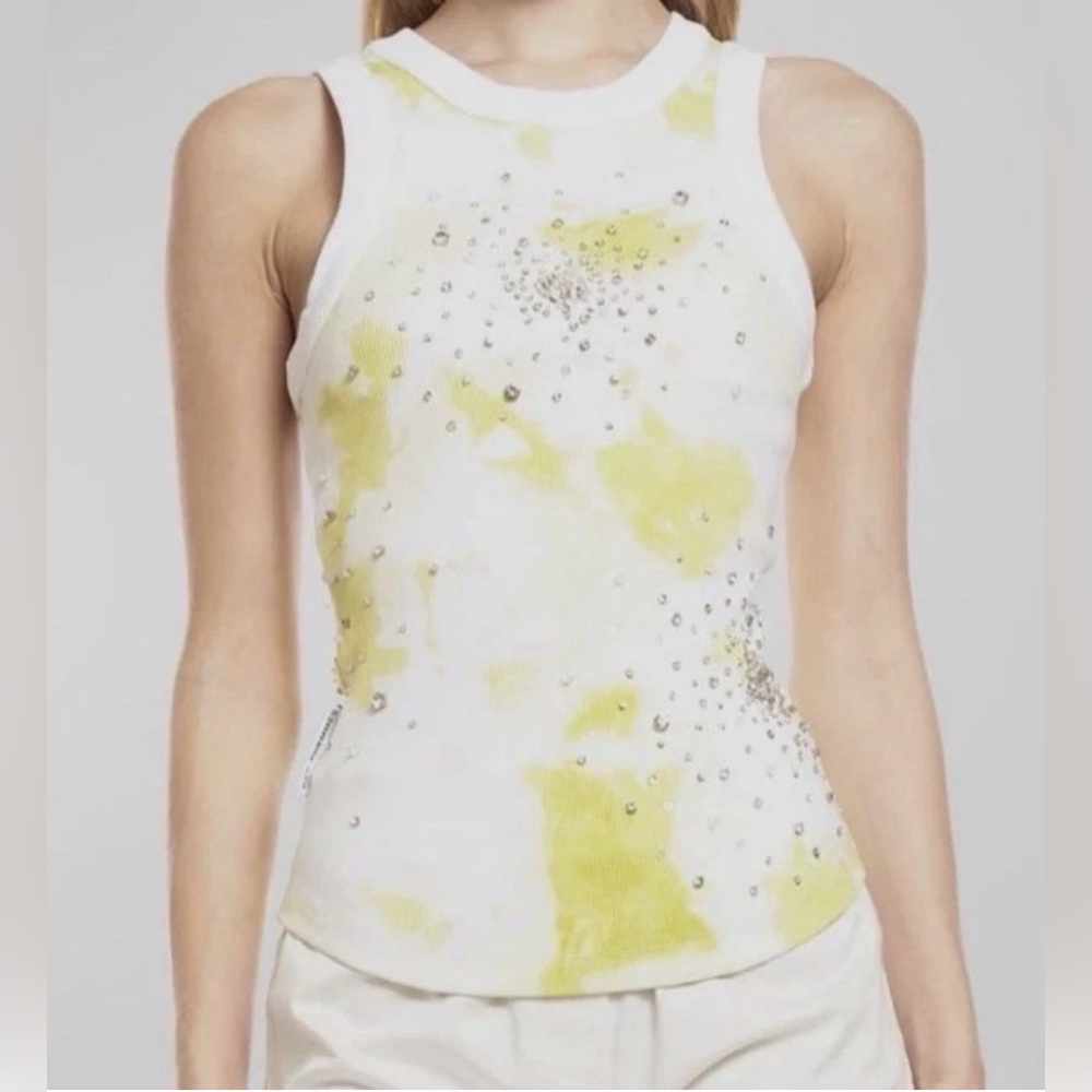 Des Phemmes Women Yellow Tie-Dye Splash Embroidered Tank Top Size 40 US XS
